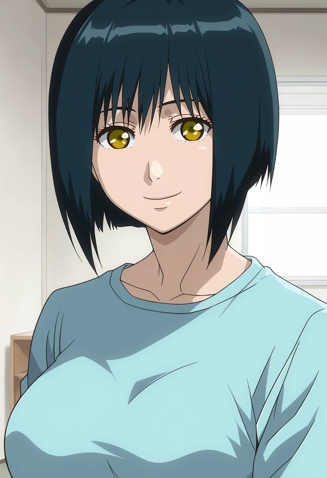 <lora:Manami_Nikaido-Kichiku:0.9>,Manami,1girl,solo,short hair,black hair,yellow eyes,breasts,shirt,upper body,looking at viewer,indoors,smile