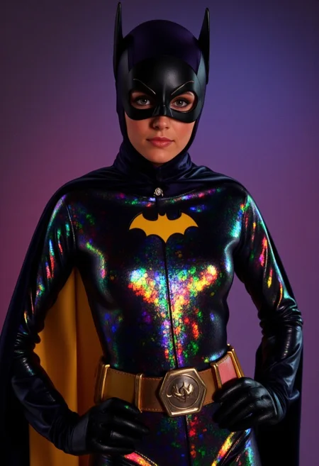 1960's batgirl, in the style of ckhg, vibrant reflective holographic Leotard, Vintage Hero display, a mysterious batgirl in skintight reflective holographic Leotard