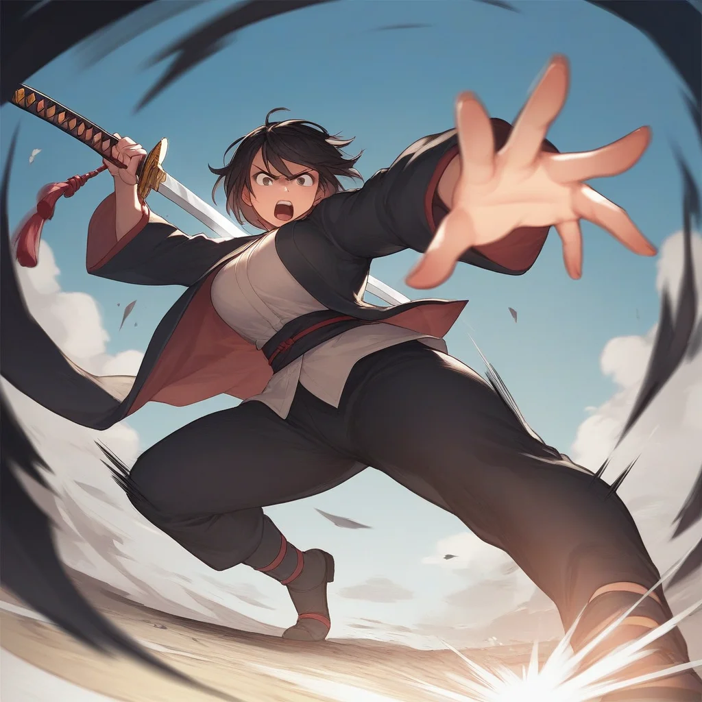 score_9_up, score_8_up, score_7_up, best quality, a woman slashing with her sword, sword fight,  movement, motion blur, katana, dynamic angle, source_anime, full body,  BREAK depth of field, foreshortening, dynamic pose, super wide angle shot, extreme perspective