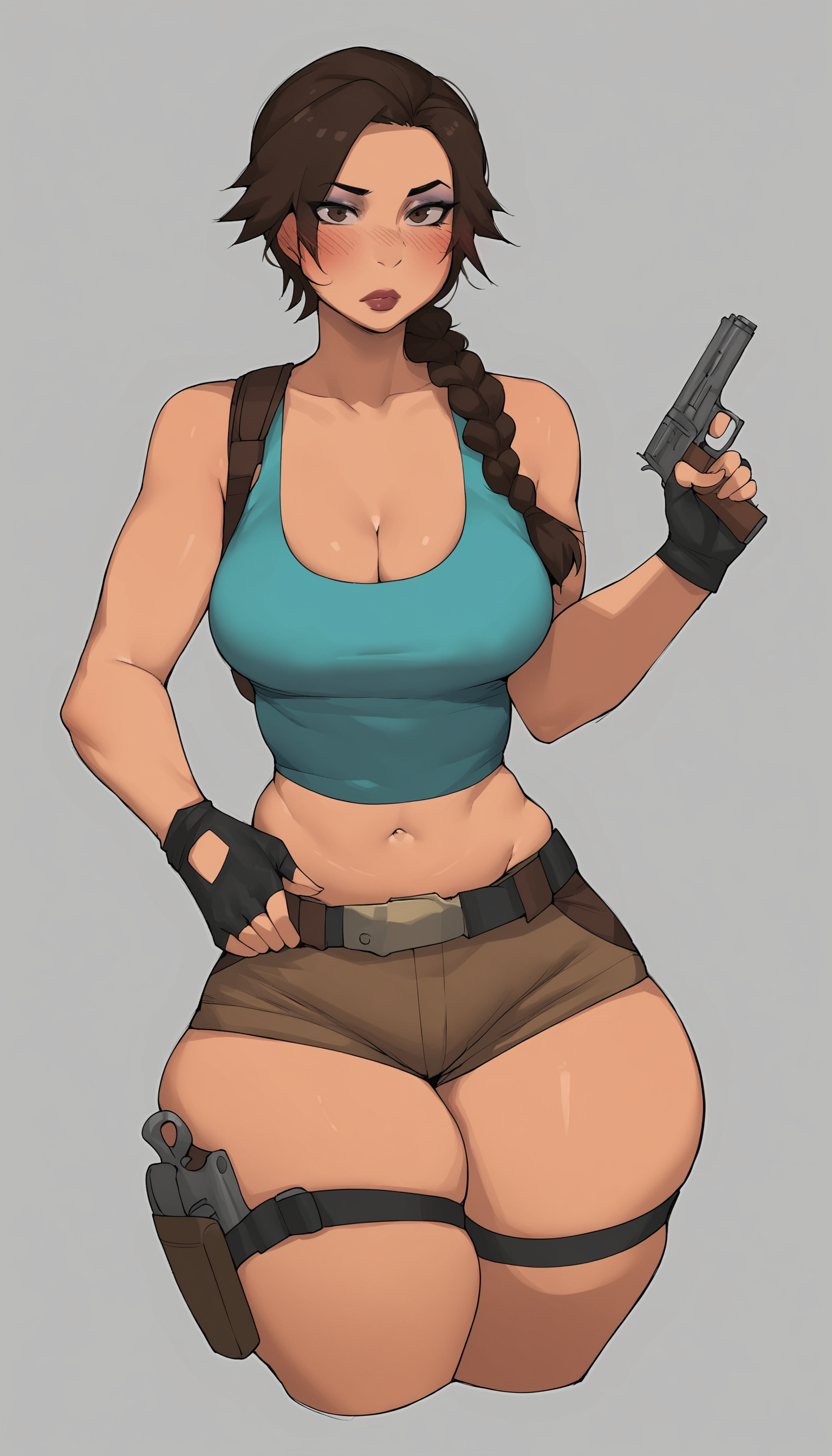 score_9,score_8_up,score_7_up,rating: general,lara croft,1girl,solo,long hair,medium breasts,looking at viewer,blush,simple background,brown hair,gloves,navel,holding,cleavage,bare shoulders,brown eyes,collarbone,weapon,braid,thighs,shorts,black gloves,midriff,fingerless gloves,grey background,holding weapon,lips,crop top,gun,short shorts,single braid,skindentation,makeup,thigh strap,thick thighs,tank top,lipstick,holding gun,handgun,curvy,plump,holster,brown shorts,long braid,<lora:bobtheneet_Elijahzx_style__Pony_XL:1>,