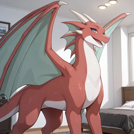 1girl, highres, absurdres, newest, masterpiece, best quality, furry, furry_female, Amelia_awsw, dragon, red scales, wings, horns, (feral, quadruped:1.3), detailed eyes, spread wings, (standing), open_mouth, open mouth smile, luxurious detailed room, bright room, day scene, professional lighting, white walls, solo, bedroom, smiling, seductive, looking_at_viewer, masterpiece, close up, safe