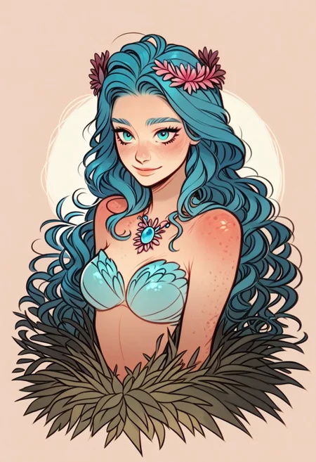 (score_9, score_8_up, score_7_up), tlu, rating_safe,ph1lt0m4t0,3m0t3,
(1girl, solo, beautiful mermaid girl), aqua eyes, curvy body type, medium breasts, light blue skin with shimmering scales, gentle smile, long wavy hair with seaweed accents, teal hair, elegant coral crown and shell necklace, reclining on a rock by the shore, gentle ocean waves lapping, sunlight sparkling on scales, serene and peaceful, faint ocean mist.