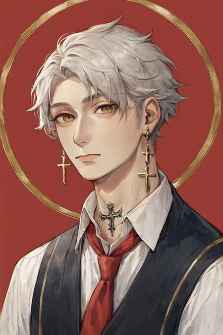 score_9, score_8_up, score_7_up, score_6_up, score_5_up, score_4_up, 1boy, solo, necktie, male focus, earrings, jewelry, shirt, tattoo, cross, neck tattoo, red necktie, looking at viewer, white shirt, vest, collared shirt, black vest, upper body, short hair, cross earrings, white hair, yellow eyes, red background, brown eyes, bangs, closed mouth, grey hair, black background <lora:Gothic Art Style SDXL_LoRA_Pony Diffusion V6 XL:1>
