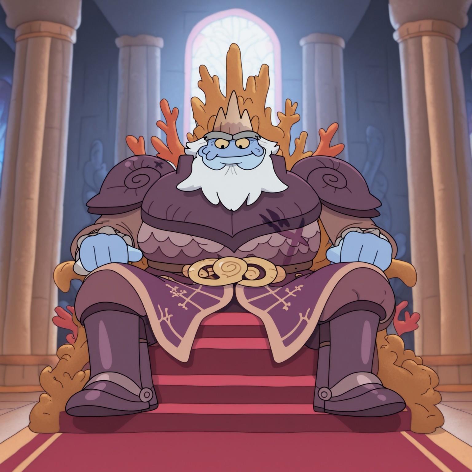 King Andrias, 1boy, solo, blue skin, yellow sclera, black eyes, crown, giant, very tall, stocky, muscular, crows feet, beard, white hair, dark purple armor that has an X shaped battle mark on the left abdomen, cuffs similar to a victorian aristocrat, pauldrons shaped like snail shells, gold snake belt, purple tunic, old man, tail, thick grey eyebrows, newt, metal boots, masterpiece, best quality, amazing quality, very aesthetic, high resolution, ultra-detailed, absurdres, newest, indoors, sitting on throne, smile, orange coral throne, throne room, architecture, column, stained glass, title floor, cushion, staircase, red carpet on stairs