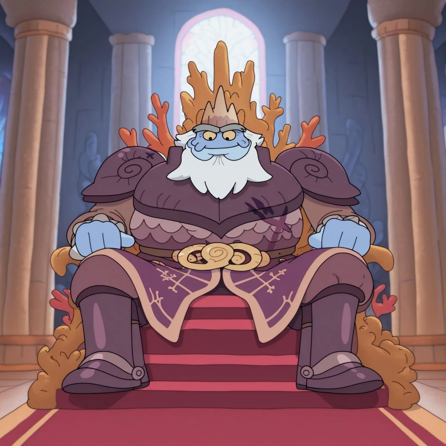 King Andrias, 1boy, solo, blue skin, yellow sclera, black eyes, crown, giant, very tall, stocky, muscular, crows feet, beard, white hair, dark purple armor that has an X shaped battle mark on the left abdomen, cuffs similar to a victorian aristocrat, pauldrons shaped like snail shells, gold snake belt, purple tunic, old man, tail, thick grey eyebrows, newt, metal boots, masterpiece, best quality, amazing quality, very aesthetic, high resolution, ultra-detailed, absurdres, newest, indoors, sitting on throne, smile, orange coral throne, throne room, architecture, column, stained glass, title floor, cushion, staircase, red carpet on stairs