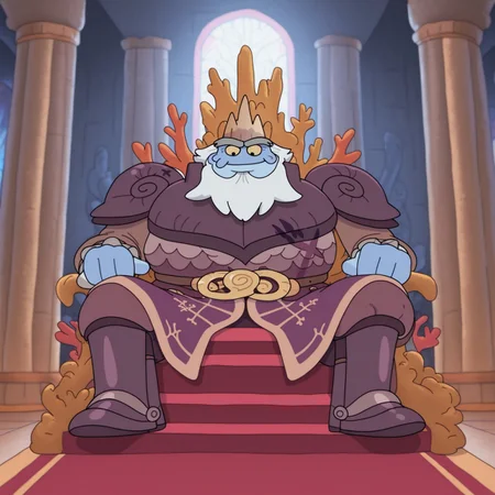 King Andrias, 1boy, solo, blue skin, yellow sclera, black eyes, crown, giant, very tall, stocky, muscular, crows feet, beard, white hair, dark purple armor that has an X shaped battle mark on the left abdomen, cuffs similar to a victorian aristocrat, pauldrons shaped like snail shells, gold snake belt, purple tunic, old man, tail, thick grey eyebrows, newt, metal boots, masterpiece, best quality, amazing quality, very aesthetic, high resolution, ultra-detailed, absurdres, newest, indoors, sitting on throne, smile, orange coral throne, throne room, architecture, column, stained glass, title floor, cushion, staircase, red carpet on stairs