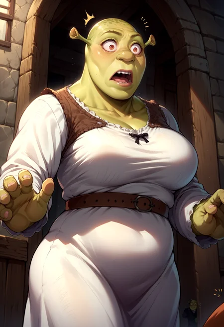 score_9, score_8_up, source_anime, shrek, green skin, <lora:Shrek_XLPD:1>, 1girl, large breasts, genderswap \(mtf\), dress, surprised, wide-eyed, looking down,