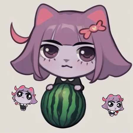 score_9, score_8_up, score_7_up, score_6_up, score_5_up, score_4_up, BREAK
chibi, sticker,
masunya, masyunya (vkontakte), masyunya /(vkontakte/), cat ears, purple skin color, hair bow, holding watermelon, <lora:masunya-masyunya_ponyXL_v1:1>