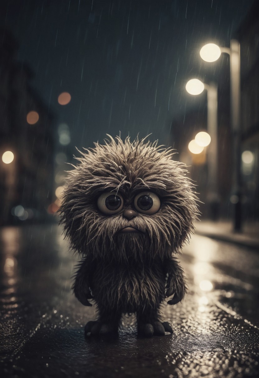 Small furry monster, fur ball, fluffy, shot at night, cute monster, expressive eyes, sad and curious appearance, heartbreaking, very cute, heavy rain, very sad, lonely, lost place, desaturated, dramatic lighting, desaturated background, bokeh, dark theme, soothing tones, depth of field, dramatic backlighting, film grain,