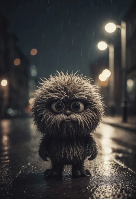 Small furry monster, fur ball, fluffy, shot at night, cute monster, expressive eyes, sad and curious appearance, heartbreaking, very cute, heavy rain, very sad, lonely, lost place, desaturated, dramatic lighting, desaturated background, bokeh, dark theme, soothing tones, depth of field, dramatic backlighting, film grain,