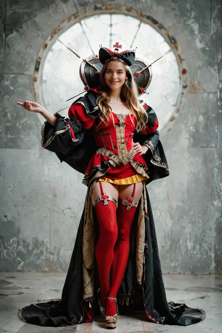 hires digital photo, photorealism, dark background, indoors, marble walls, back light, 3m@nn3u3lle, standing, one leg forward, on hand up, smile, looking to side, full body, wearing red and yellow strapless dress, red and black detached puffy sleeves, red thighhighs, crown, cloak, ruff, <lora:EmmanuelleVonLiebwitzV3PonyXL:0.8>, PonyXL_Scores, intricate details, high resolution,, rating_safe