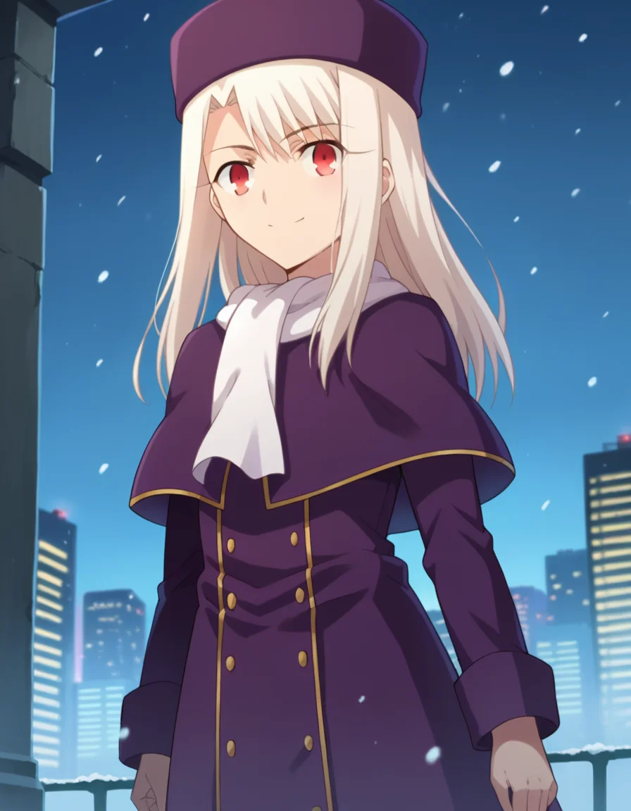 score_9, score_8_up, score_7_up, source_anime,
illyasvielvoneinzbern, <lora:illyasviel-von-einzbern-ponyxl-lora-nochekaiser:1>,
illyasviel von einzbern, long hair, red eyes, white hair, smile,
hat, boots, scarf, coat, capelet, white scarf, purple headwear, fur hat, papakha,
outdoors, cityscape, snowing,
looking at viewer, cowboy shot, dutch angle, dynamic pose,
