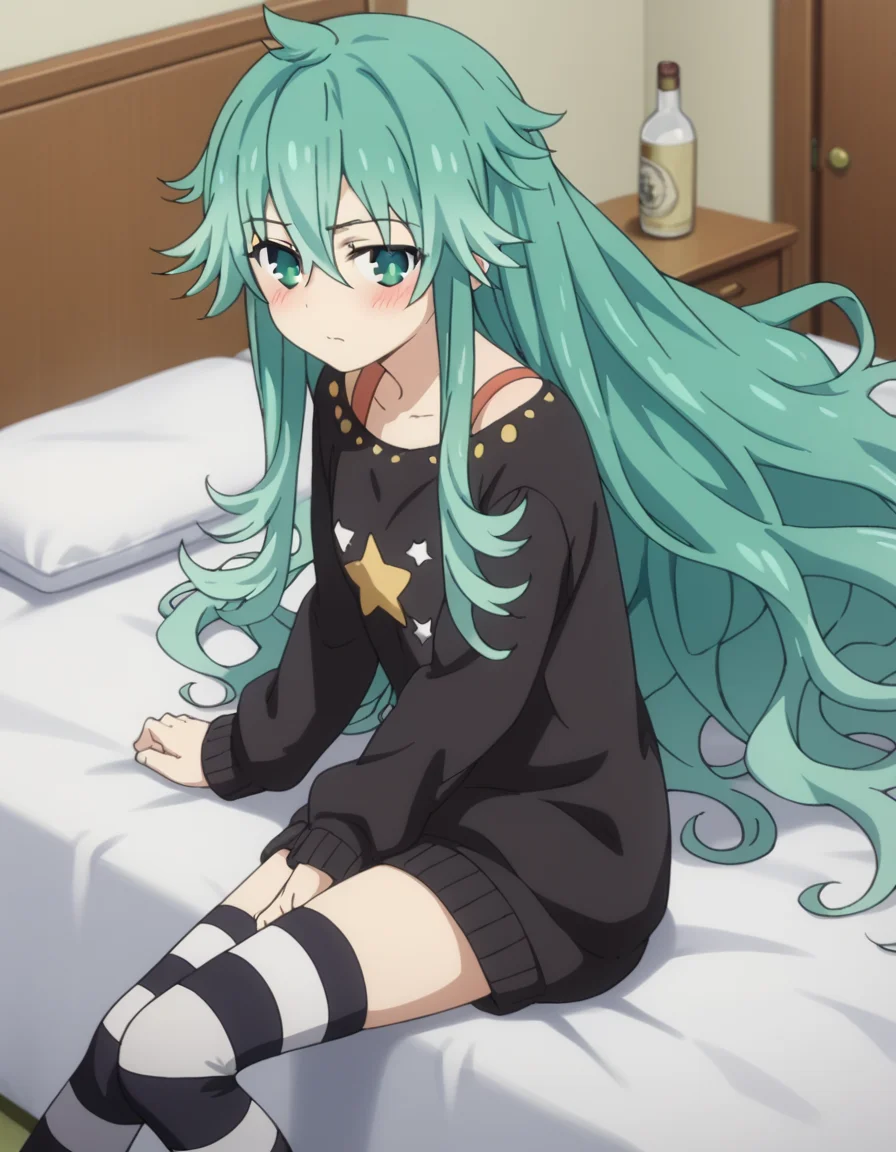 score_9, score_8_up, score_7_up, source_anime,
natsumikyouno, <lora:natsumi-kyouno-s4s5-ponyxl-lora-nochekaiser:1>,
natsumi kyouno, long hair, very long hair, green hair, aqua hair, green eyes,
thighhighs, long sleeves, striped, star \(symbol\), sweater, striped thighhighs, star print,
indoors, bed, bed room, on side, blush, drunk,
looking at viewer, solo, cowboy shot, dutch angle,