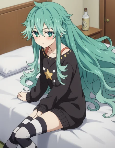 score_9, score_8_up, score_7_up, source_anime,
natsumikyouno, <lora:natsumi-kyouno-s4s5-ponyxl-lora-nochekaiser:1>,
natsumi kyouno, long hair, very long hair, green hair, aqua hair, green eyes,
thighhighs, long sleeves, striped, star \(symbol\), sweater, striped thighhighs, star print,
indoors, bed, bed room, on side, blush, drunk,
looking at viewer, solo, cowboy shot, dutch angle,