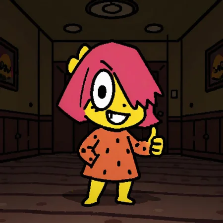 jaggy lines,BB,shortstack,yellow skin,pink hair,hair over one eye,black eye,yellow bow,polka dot dress,smile,teeth,thumbs up,hand in pocket,looking at viewer,full body,indoors,dark bedroom