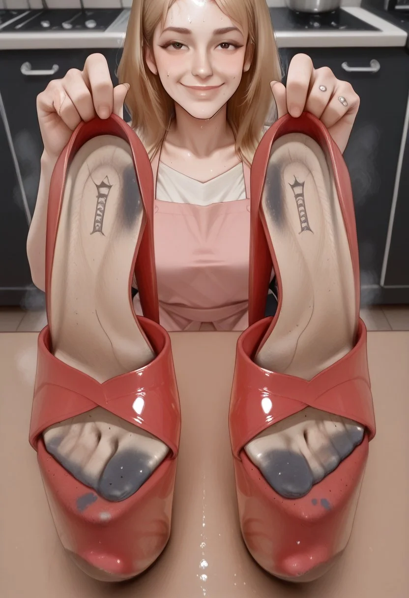 21 yo, ginetta, (cool bangs), long hair, blonde hair, smile, solo, , portrait, focus shoes, 1girl, housewife , pink apron, bra, ,, sitting, table, (j4nt3 stiletto heels, platform footwear), red high heels, platform heels on her hand, holding shoes, , unworn shoes, , shoes removed, smelly heels:1.4, holding shoe forward:1.3, shoes in frame:1.6, focus shoes, 1girl, kitchen, cute smile, stinky shoe:1.9, steaming shoe:1.4, well worn shoe:1.9, filthy shoes:1.1, , steaming shoes:1.9, smelly shoes, heels on foreground, worn heels:1.5, worn insoles:1.2, sweat stains:1.5, dirty shoes, dirty insoles:1.4, ,
