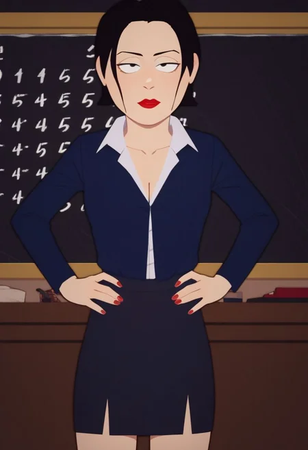 Score_9_up, score_8_up, score_7_up, 1girl, solo, mrsellensp, black hair, collared shirt, skirt, red lips, hands on hip, Expressiveh