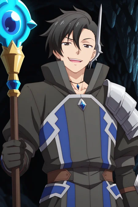 masterpiece, best quality, amazing quality,high resolution, intricate details,official style,depth of field,anime screencap,anime coloring, , , 1boy, solo, male focus, <lora:kelvin_celsius:0.88>,kelvin celsius,black hair,black eyes,side swept,short hair,looking at viewer,black coat,accessory,gloves,jewelry,staff,shoulder armor,black gloves,holding staff,open mouth,upper teeth,smug smirk,outdoors,indoors,cave,from below