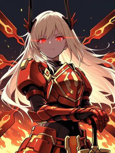 sky striker ace - raye,red power armor,mecha musume,official alternate costume,1girl,solo,glowing eyes,red huge sword,looking at viewer,hand on hilt,sketch,upper body,fire,closed mouth,frown,orange eyes,black bodysuit,red headgear,red sword wings,red armored gloves,red breastplate,
masterpiece,best quality,amazing quality,very aesthetic,absurdres,newest,<lora:Sky striker ace - kagari illusXL v1:0.7>,