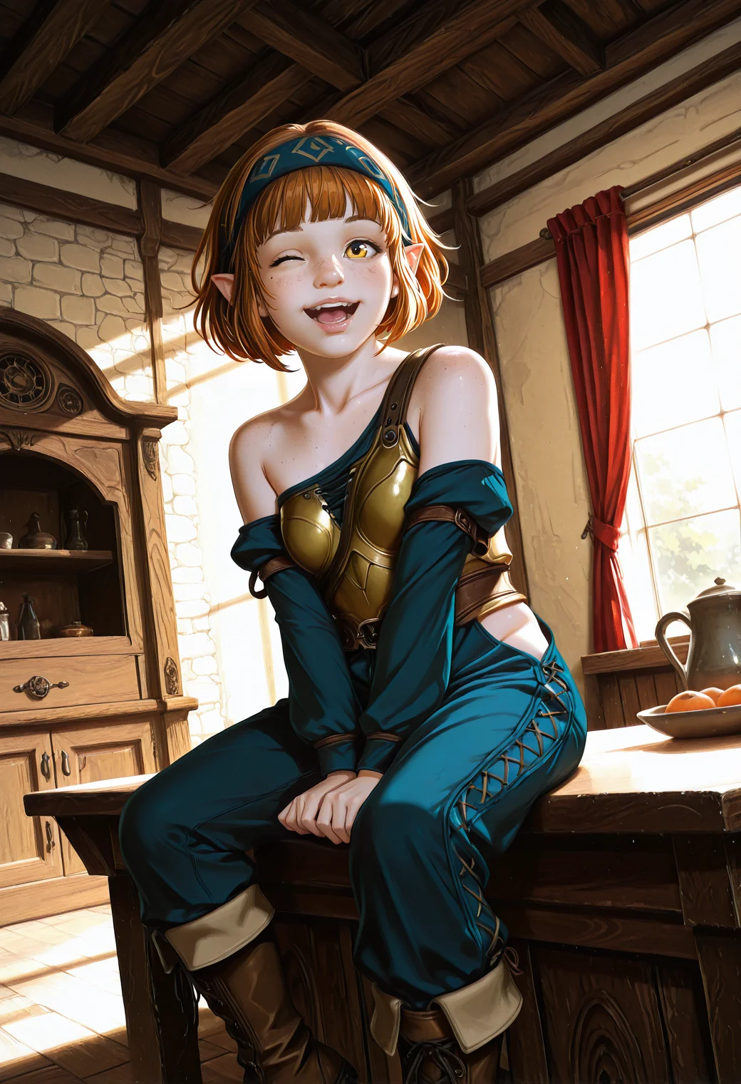 very awa, lineart, realistic, photo_(medium), [sei shoujo], [yoshiten], style parody, [bang dream!], [arcane: league of legends], [league of legends], (dynamic angle:1.3), (cowboy shot:1.2) BREAK 1girl, solo, <lora:halfling:0.7> halfling, (short stature), pointed ears, big eyes, big feet, deep apricot hair, blunt cut hair with headband, yellow eyes, body freckles , mole on body, (pale skin:1.2), plump body, short stack ,attractive figure, small breasts, perfect hands, shiny lips, (excited), wink BREAK rogue, wearing (detailed deep brown_yellow leather cuirass, long jumpsuit), loose sleeves, pinstripe medium blue_grey hide laced detached leggings, ankle boots,, <lora:Rogue_Armor-IL:0.5> Rogu3 BREAK medieval, fantasy, indoors, picturesque tower, wood floors, dining room, china cabinet,curtains, sitting, sitting sideways , v arms, at table, cool light, cinematic lighting BREAK <lora:Expression_Detailer_Illustrious_Lora:0.7> <lora:BV_Style_Illu_Edition:0.8> BV-Illu