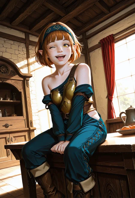 very awa, lineart, realistic, photo_(medium), [sei shoujo], [yoshiten], style parody, [bang dream!], [arcane: league of legends], [league of legends], (dynamic angle:1.3), (cowboy shot:1.2) BREAK 1girl, solo, <lora:halfling:0.7> halfling, (short stature), pointed ears, big eyes, big feet, deep apricot hair, blunt cut hair with headband, yellow eyes, body freckles , mole on body, (pale skin:1.2), plump body, short stack ,attractive figure, small breasts, perfect hands, shiny lips, (excited), wink BREAK rogue, wearing (detailed deep brown_yellow leather cuirass, long jumpsuit), loose sleeves, pinstripe medium blue_grey hide laced detached leggings, ankle boots,, <lora:Rogue_Armor-IL:0.5> Rogu3 BREAK medieval, fantasy, indoors, picturesque tower, wood floors, dining room, china cabinet,curtains, sitting, sitting sideways , v arms, at table, cool light, cinematic lighting BREAK <lora:Expression_Detailer_Illustrious_Lora:0.7> <lora:BV_Style_Illu_Edition:0.8> BV-Illu