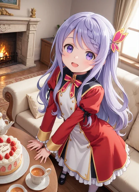 source_anime BREAK prefect lighting,very aesthetic,prefect hands,best quality,
intricate details,highly detailed background,(masterpiece:0.9),high quality,lustrous_skin,skindentation,(zPDXL3),
ultra delicate hair,
face_detail,
skin_detail,<lora:cfg_scale_boost>,
lustrous_skin,skindentation,
shiny skin,
<lora:seirei_gensouki_-_flora_beltrum_s1_il:0.7>,seirei_gensouki_-_flora_beltrum_s1,long_hair,purple_hair,hair_ornament,braid,purple_eyes,aged_down,flat_chest,
bow,ribbon,red_dress,long_sleeves,frills,juliet_sleeves,puffy_sleeves,white_pantyhose,black_footwear,
masterpiece,best quality,amazing quality,masterpiece,best quality,ultra-detailed,Best-A,Medium-B,Low-C,Bad-D,cute,in spring,indoor,bedroom,couch,window_,fireplace,curtains,armchair,table,cake,cup,teapot,light_blush,happy,dynamic_angle,from_above,looking at viewer,