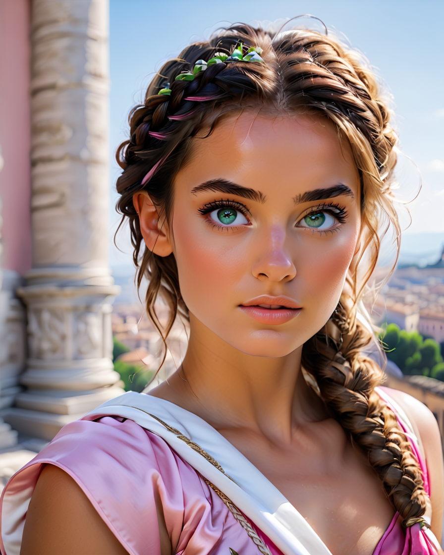 <lora:Anna_Rice:1>, Upper Body Photo. 1female. In a (revealing pink and white toga). Striking features. Beautiful and elegant. Highly detailed beautiful expressive eyes. Vivid color. Half-Up Side Braid. Vast open view of Rome in the background. Photorealistic, Natural atmospheric lighting, intricate details, 35mm photograph, film, professional, 4k visuals, highly detailed, elegant, studio quality.