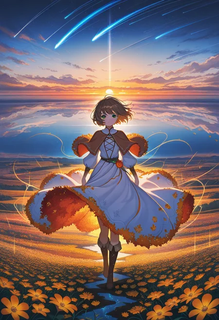 masterpiece, best quality, amazing quality, 1girl, autumn, blue sky, boots, brown hair, capelet, cloud, comet, dress, fantasy, floating hair, flower, green eyes, horizon, looking at viewer, meteor, outdoors, prismatic lines, scenery, shooting star, short hair, sky, sunset, wind,BV-Illu