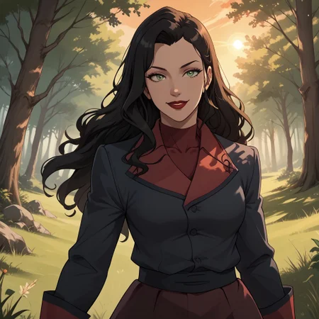 score_9, score_8, BREAK, AsamiSato, long hair, black hair, green eyes, red lips, jacket, skirt, high boots, sexy pose, self portrait, smile, outdoors, sunlight, shadows, evening lighting, natural lighting, forest, trees, grass, orange sky, sunset