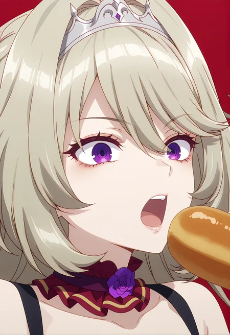 <lora:Karen HELVETIUS_illustrious-000042:1>,
Karen HELVETIUS, open mouth, holding, red background, solo, food, portrait