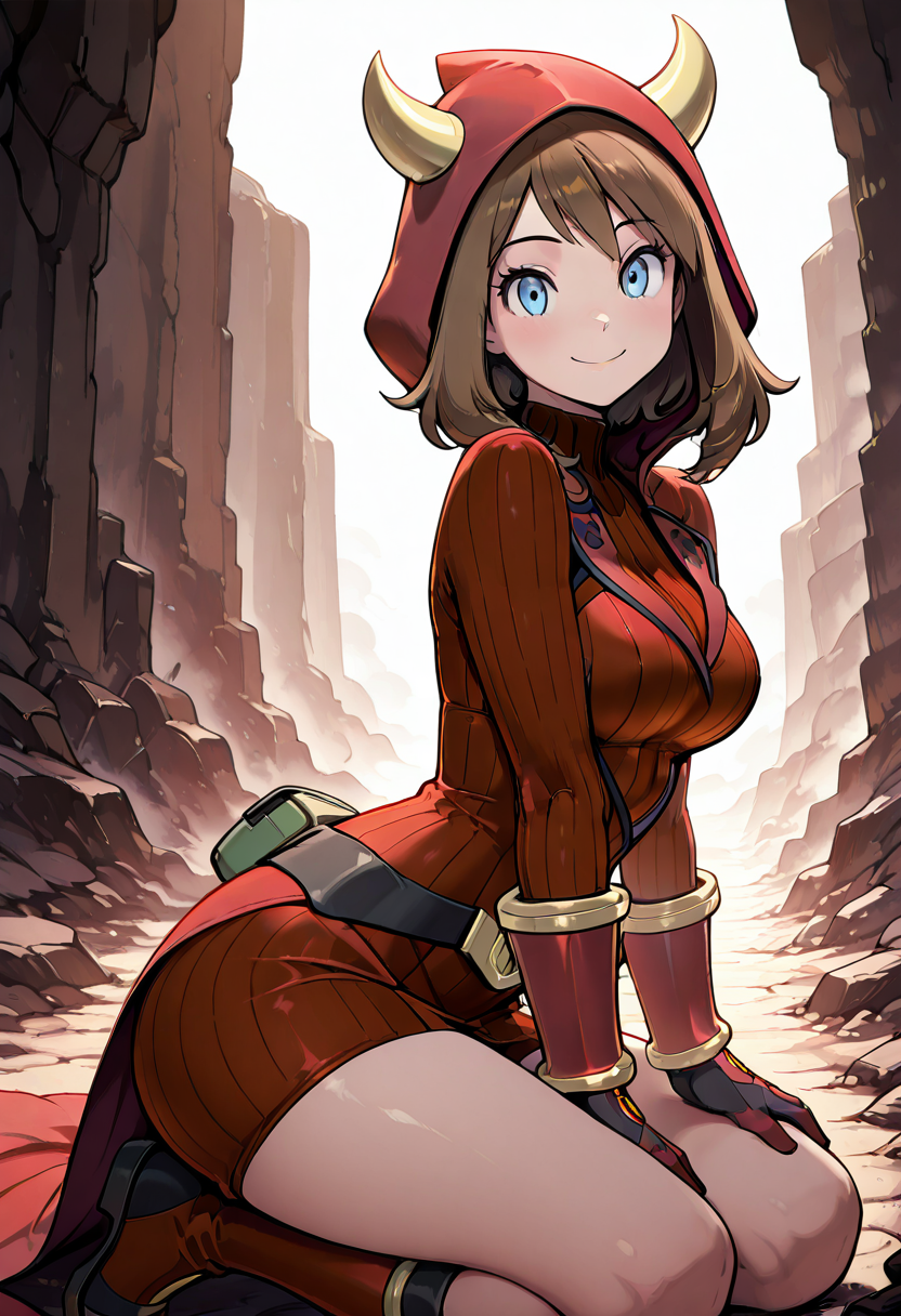 masterpiece, best quality, solo, curvy, beautiful eyes,  zzMayMagCitron, blue eyes, brown hair, medium hair, red dress, red gloves, hood up, fake horns, ribbed dress, ,<lora:MayMagmaPokemonCitron_IXL:1.0>, kneeling, side view, hand on thigh, smile, looking at viewer, shiny skin,