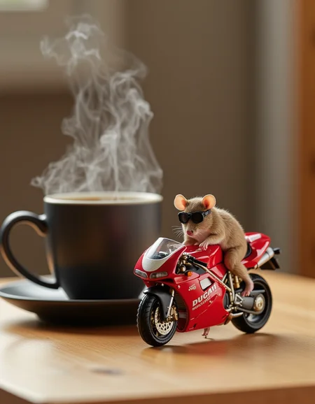 realistic photo of a Miniature Ducati 916 motorcycle, on the kitchen table next to a steaming mug of coffee, a cute mouse wearing motorcycle goggles is standing next to the motorcycle getting ready to ride, sharp focus, highly detailed, <lora:FLUX.1d_-_Miniatures:1>, flxmni, solo, <lora:Ducati 916:1>