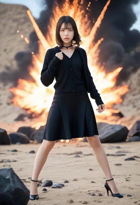 score_9,score_8_up,score_7_up,score_6_up,quality_masterpiece,quality_best,highres,solo,
full body,(fair skin:1.1),looking at viewer,bangs,lips,black hair,brown hair,medium hair,brown eyes,Meticulous Eyelash Details,<lora:imamori_v1_one_NovaA50pony_3120-9-0:0.8>,imamori,black choker,skirt,shirt,black hair,standing,black footwear,high heels,long skirt,long sleeves,realistic,<lora:quality_modifiers_masterpieces_v1:0.5>,masterpiece,best quality,very aesthetic,<lora:cfg_scale_boost:0.2>,foreshortening,blurry background,face focus,(black knit cardigan),(black dress),parted lips,emotion_focused,((emotion_determined)),((pose_heroic)),(pose_determined),(pose_fighting),((huge explosion in background)),blue sky,(wall of rocks),(the sheer cliff),gravel field,wind,(legs apart),(staring viewer:1.3),source_cinematic,pose_aggressive,palm to foreground,((elbow up)),