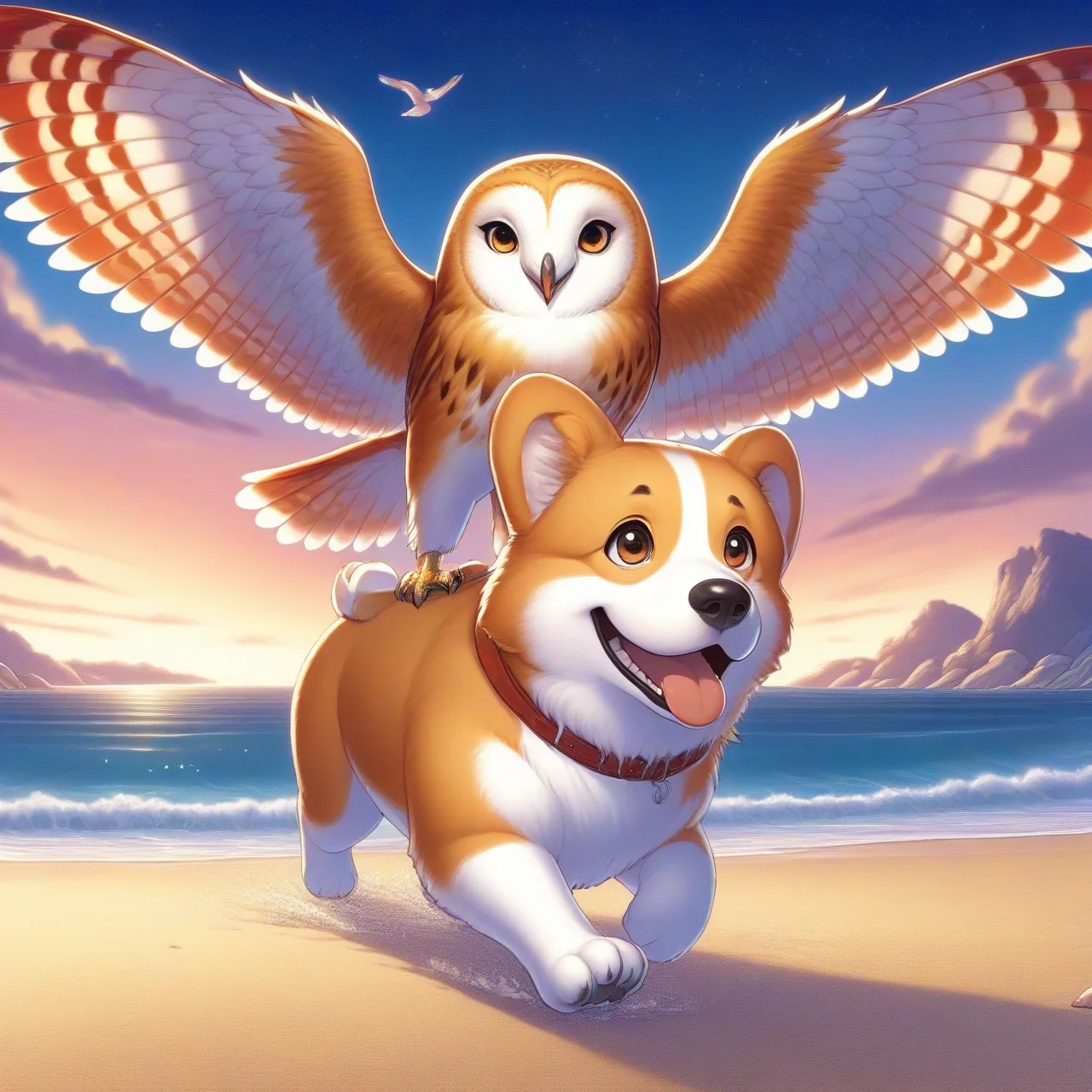 anime, <lora:doggyback-000010:1>, doggybackride, dog, 1 dog, 1 hawk, (small red hawk:1.1), corgi dog, (pokemon:1.2), dog walking, dog giving a piggy back ride, beach, sand, anime, starfish, seashells, waves, boat, open wings, wings spread