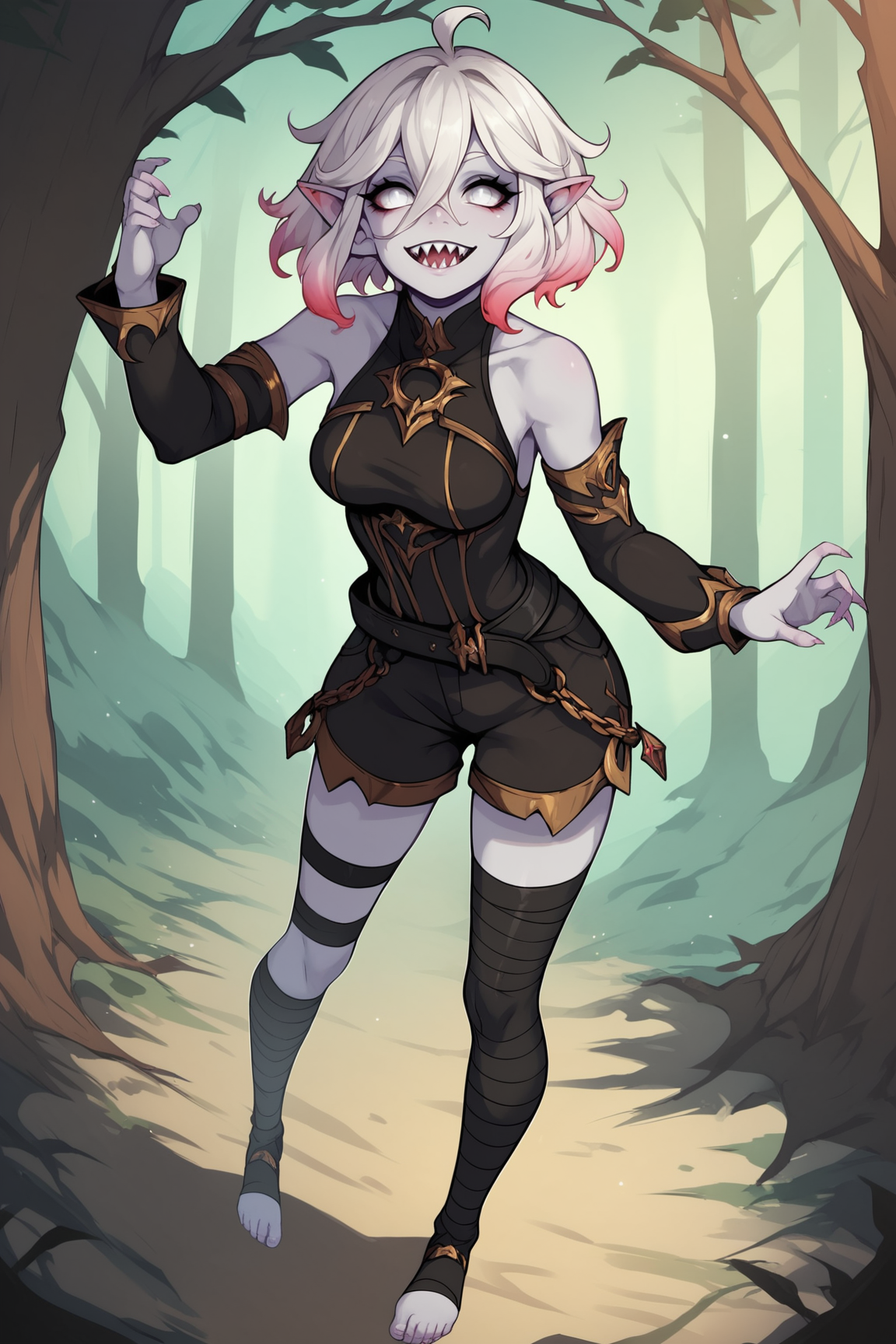 score_9, score_8_up, score_7_up, score_6_up, score_5_up, score_4_up, BriarLoLXL, white eyes, colored sclera, white hair, multicolored hair, gradient hair, short hair, hair between eyes, ahoge, pointy ears, sharp teeth, pale skin, grey skin, colored skin, medium breasts, bare shoulders, black thight dress, jewelry, detached sleeves, black shorts, belt, (black bandaged leg:1.2), black legwear, toeless legwear, standing, dynamic pose, seductive smile, looking at viewer, forest, tree <lora:BriarLoLXL:0.8>