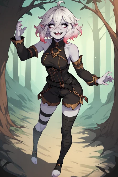score_9, score_8_up, score_7_up, score_6_up, score_5_up, score_4_up, BriarLoLXL, white eyes, colored sclera, white hair, multicolored hair, gradient hair, short hair, hair between eyes, ahoge, pointy ears, sharp teeth, pale skin, grey skin, colored skin, medium breasts, bare shoulders, black thight dress, jewelry, detached sleeves, black shorts, belt, (black bandaged leg:1.2), black legwear, toeless legwear, standing, dynamic pose, seductive smile, looking at viewer, forest, tree <lora:BriarLoLXL:0.8>