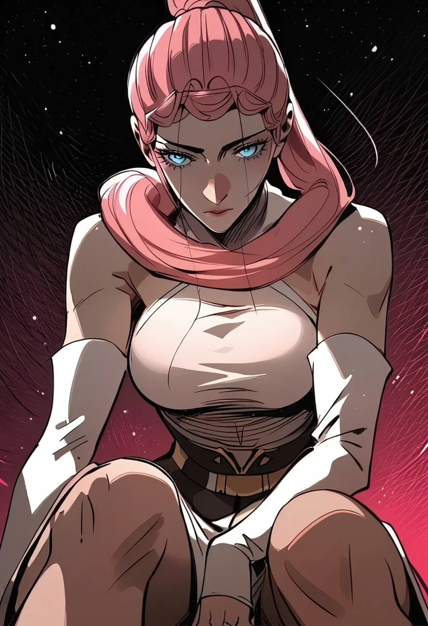 score_9, score_8_up, score_7_up, score_6_up, Expressiveh,
longyuyin, 1girl, ponytail, pink hair, long hair, blue eyes, large breasts, elbow gloves, long legs, detailed face, full color, vibrant color, dynamic pose, dynamic angle, sitting, from below, head tilt, daylight