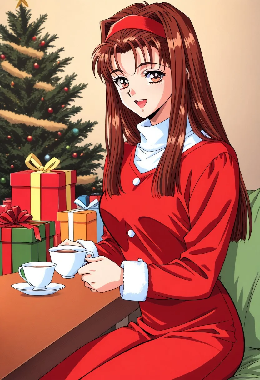 masterpiece, best quality, newest, highres, uncensored, 1girl, yokota mamoru style,1girl,
Matsudaira Youko,girl,brown hair,long hair,1990s (style),hairband,amber eyes
1girl, solo, christmas tree, cup, gift, brown hair, christmas, long hair, hairband, gift box, box, teacup, sitting, smile, open mouth