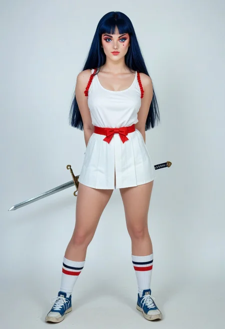 score_9, score_8_up, score_7_up, realistic, looking at viewer, from front, ((hands Behind back)), ladykayura, ronin warriors, solo, perfect round ass, butt cheeks, Venus dimples, 1girl, retro, ((eye makeup)), top knot, blue hair, 1980s (style), bangs, long hair, blue eyes, portrait, makeup, thigh high socks, tank top, tiny kimono, open kimono, panty bows, big chunky hitop sneakers, swords