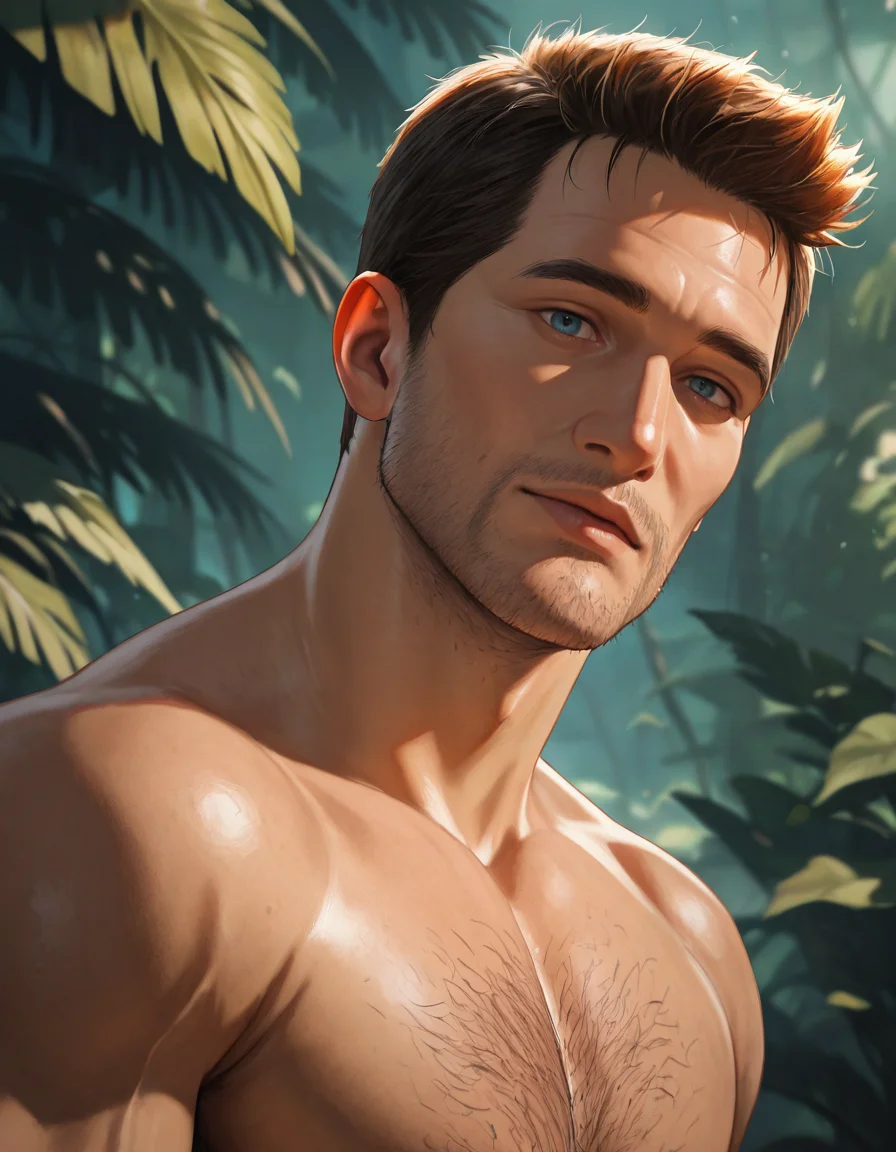 masterpiece, best quality, absurdres, newest, perfect quality, best quality, absolutely eye-catching, detailed background, intricate details, male focus, solo, realistic, <lora:Uncharted - Nathan - Illustrious 2_1-000004:0.7>, uncharteddrake, 1boy, mature male, very short hair, blue eyes, stubble, topless, outdoors, jungle, looking at viewer, head tilt, beckon, upper body, sparse body hair