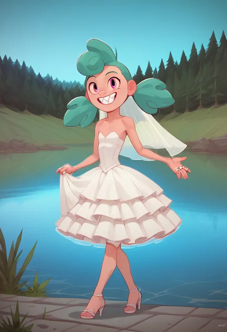score_9, score_8_up, score_7_up, solo, 1girl,
turquoise hair, two pigtails, bright pink eyes,
happy, teeth smile, standing full body barefoot flat breast outdoors, lake, altar Wedding background, Wedding dress Wedding veil Wedding Ring high heels sandals