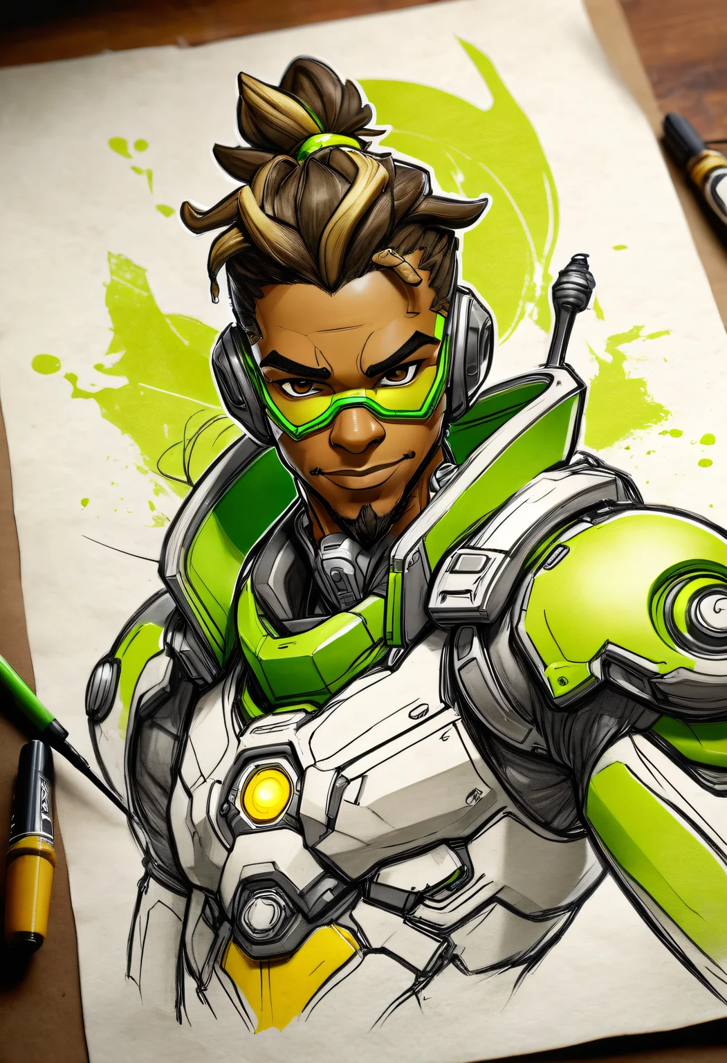 Sketch art of Lucio from overwatch on old paper, white green highlights, New School tattoo Style, realistic old table,