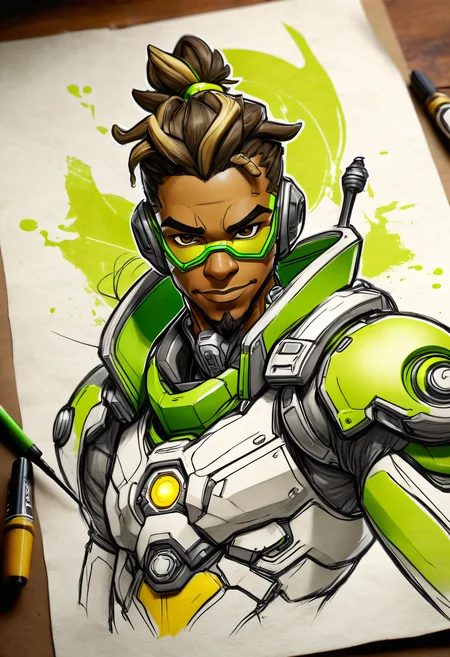 Sketch art of Lucio from overwatch on old paper, white green highlights, New School tattoo Style, realistic old table,