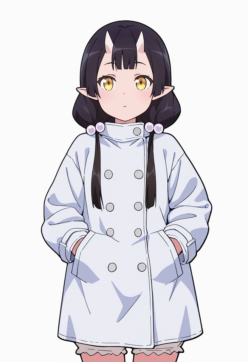 Smooth Quality,masterpiece,very intricate, high quality details, ultra realistic, high detailed skin,detailed enviorement,absurdres,
middle w,solo,
 <lora:Care_Resumisu_CNR:0.8> care_cnr, 1girl,black hair, pointy ears, long hair, yellow eyes, oni, low twintails, skin-covered horns, bobbles,, simple background, white background, sideways,
walking pose, one hand in pocket, head slightly turned, casual stride,,, long coat, ,double-breasted jacket,  ,bloomers,  ,, solid circle eyes,