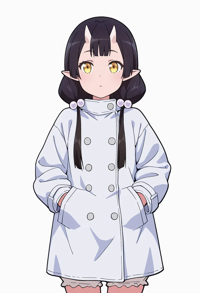 Smooth Quality,masterpiece,very intricate, high quality details, ultra realistic, high detailed skin,detailed enviorement,absurdres,
middle w,solo,
<lora:Care_Resumisu_CNR:0.8> care_cnr, 1girl,black hair, pointy ears, long hair, yellow eyes, oni, low twintails, skin-covered horns, bobbles,, simple background, white background, sideways,
walking pose, one hand in pocket, head slightly turned, casual stride,,, long coat, ,double-breasted jacket, ,bloomers, ,, solid circle eyes,