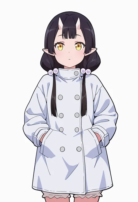 Smooth Quality,masterpiece,very intricate, high quality details, ultra realistic, high detailed skin,detailed enviorement,absurdres,
middle w,solo,
 <lora:Care_Resumisu_CNR:0.8> care_cnr, 1girl,black hair, pointy ears, long hair, yellow eyes, oni, low twintails, skin-covered horns, bobbles,, simple background, white background, sideways,
walking pose, one hand in pocket, head slightly turned, casual stride,,, long coat, ,double-breasted jacket,  ,bloomers,  ,, solid circle eyes,