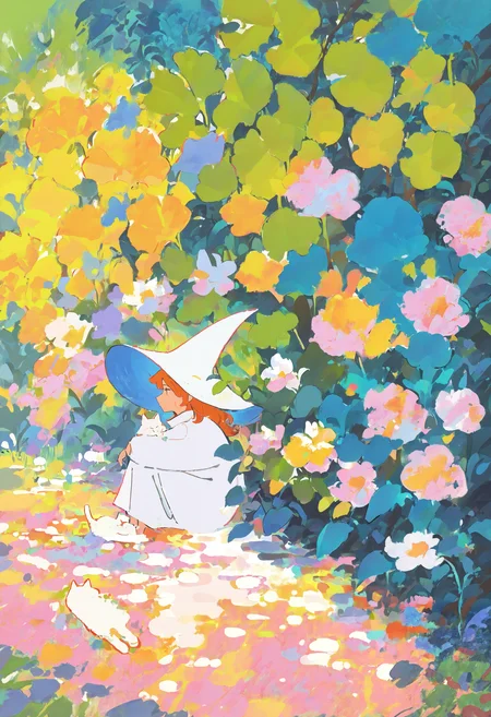 masterpiece, absurdres, newest, very awa, very detailed painting \(medium\), impressionism, 1girl, solo, witch hat, white headwear, white robe, ginger hair, sitting, facing to the side, knees to chest, leaves, outdoors, flowers, cat, <lora:mengxuanliart:0.8>