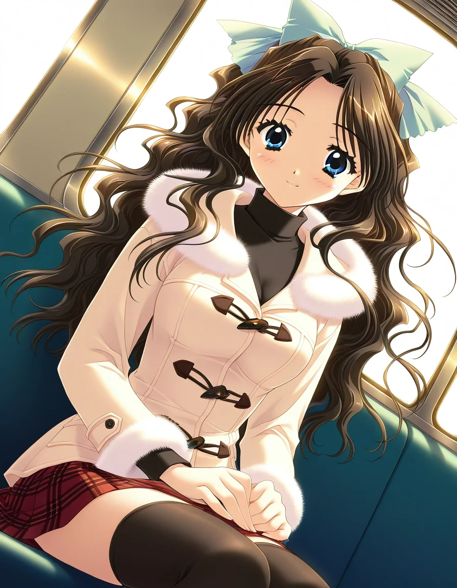 general,highres, ultra-detailed,very aesthetic,best quality ,best hands, BREAK <lora:Shirai_Yuuri_IS:1>ShiraiYuuri, 1girl, long hair, brown hair, blue eyes, hair bow, ribbon, black hair, wavy hair, hair ribbon, breasts,light smile,
solo, thighhighs, skirt, sitting, blush, plaid skirt, plaid, smile, bow, train interior, dutch angle, fur trim, turtleneck, coat, window, long sleeves, looking at viewer