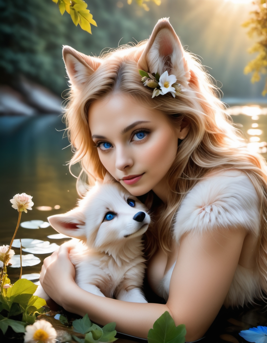ethereal fantasy concept art of  (Highest Quality, 4k, masterpiece, Amazing Details:1.1), laying near a lake,medium breast. deep blue eyes, (((nude)), (full body:1.3) Shallow Depth of Field, E671, lens 50mm f/2.0, (( furry:1.5 white wolf female)), thin eyebrows, wavy short hair with flower hair ornament, (realistic white fur, detailed fur texture:1.2), ((photorealistic) (RAW Photo)), wolf ears, high quality photography, 3 point lighting, flash with softbox, 4k, Canon EOS R3, hdr, smooth, sharp focus, high resolution, award winning photo, 80mm, f2.8, bokeh . magnificent, celestial, ethereal, painterly, epic, majestic, magical, fantasy art, cover art, dreamy