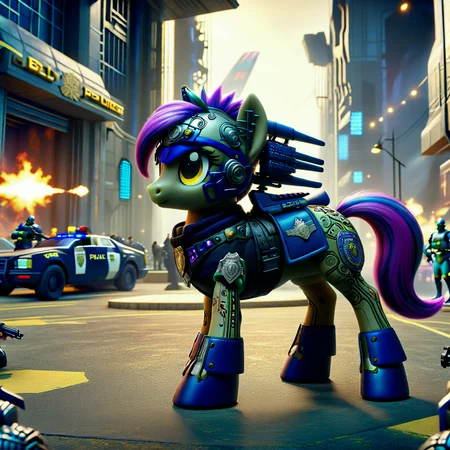 4k, everything is technology, extremely detailed wide view of amazing scene, ((futuristic dalek next to a police office pony)), ((advanced warfare)), ((high-tech combat)), ((military technology)), in ((futuristic highly detailed cyber)) with ((war-torn setting)), ((battlefield environment)), ((styled with tactical aesthetic)), ((featuring advanced combat design)), ((military precision)), ((advanced technology)), ((futuristic warfare)), with ((futuristic energy bursts effects)), ((combat tactical atmosphere)), ((battlefield ambiance)), ((war-torn environment)), (HD, masterpiece, best quality, hyper detailed, ultra detailed, super realistic),amazing, combinestyle, Pony_MLP_v1.8SDXL, ral-ltlpowny, add-detail-xl<lora:sdxl\morph\CombineStyle-HalfLife2-SDXL.safetensors:1.02:1.02> <lora:sdxl\character\Pony_MLP_v1.8SDXL.safetensors:1.0:1.0> <lora:sdxl\character\ral-ltlpowny-sdxl.safetensors:1.07:1.07> <lora:sdxl\enhancment\add-detail-xl.safetensors:0.6:0.6>